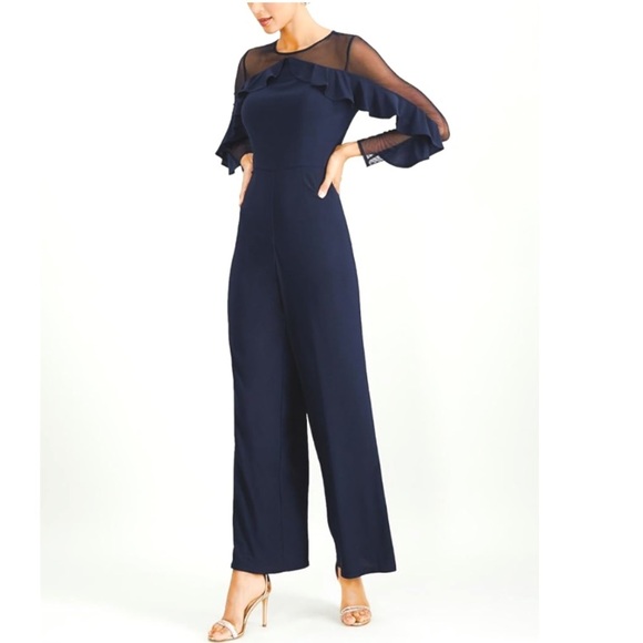 R&M Richards NWT Wide Leg Jumpsuit Ruffle Illusion Mesh Navy Plus Size Petite - Picture 7 of 15